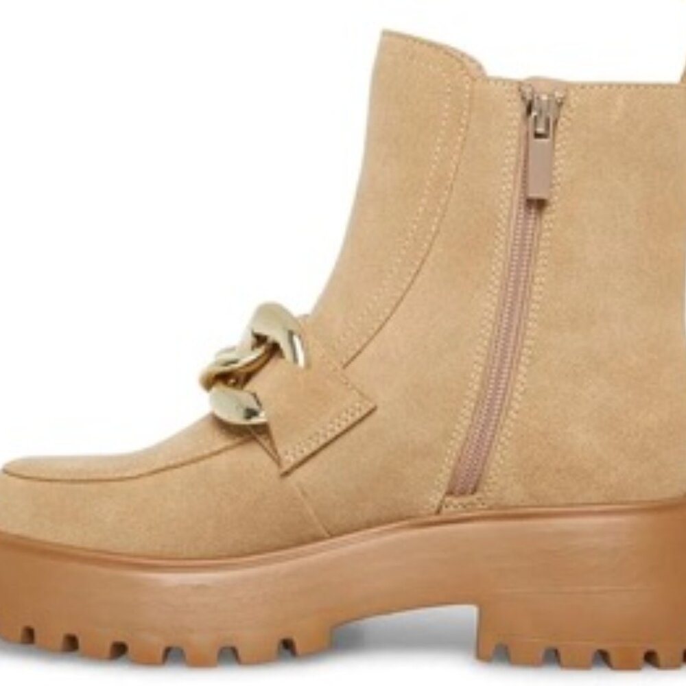 Steve Madden Cleo Taupe Suede Chunky Lug Sole Curb Chain Ankle Boots Size 6 - Picture 3 of 5